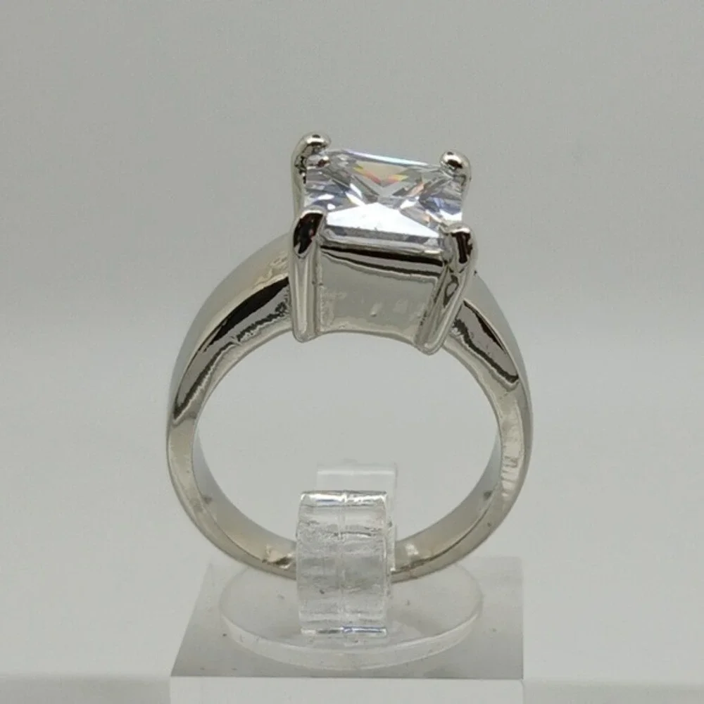 Vintage 90s Princess Cut Sim Diamond Solitaire Ring Silver Tone Wide Band Size 9